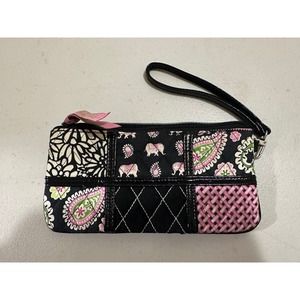 Vera Bradley Wristlet Purse 8”x 4” Black, Pink, and Green Paisley with Elephant